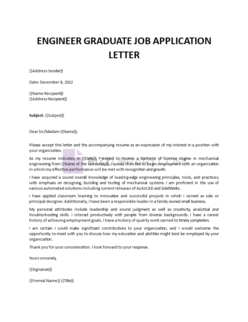 engineer graduate job application letter template