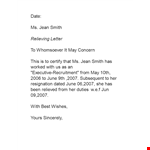 Download a Professional Relieving Letter Template - Smith Templates example document template