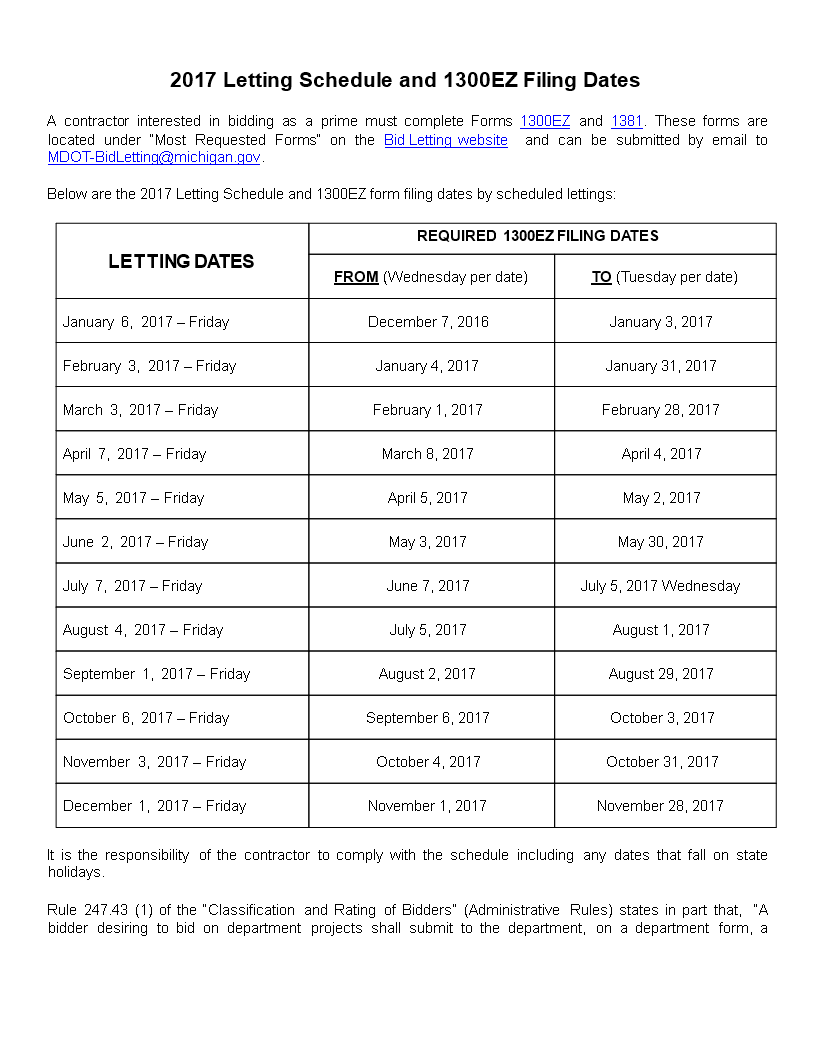 Letting Schedule And Ez Filing Dates
