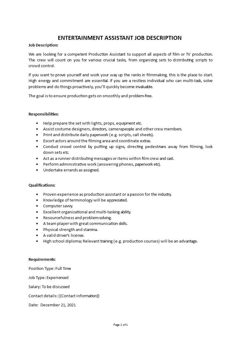 entertainment assistant job description