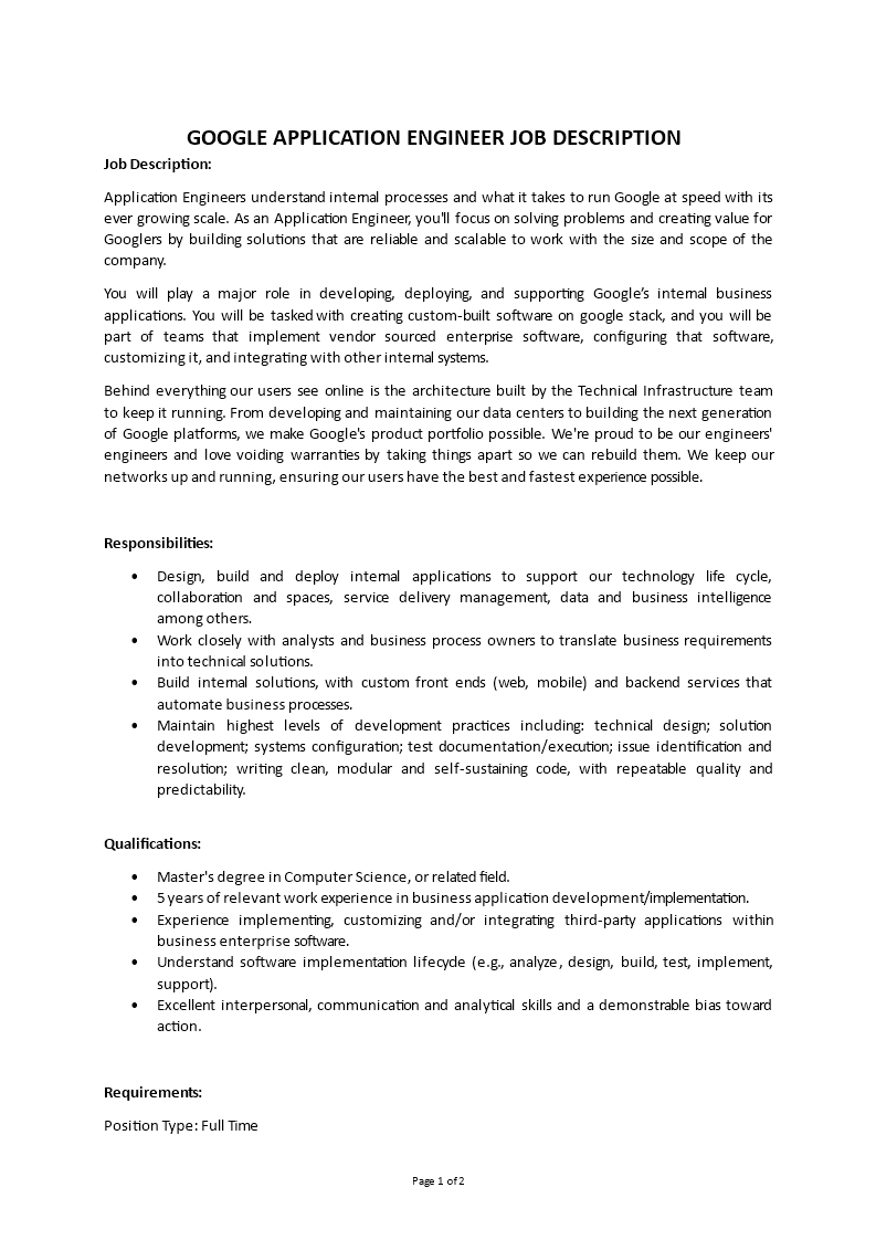 google application engineer job description