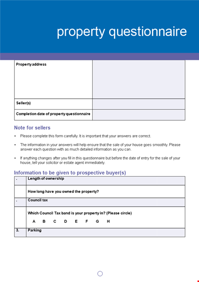 Property questionnaire template showing address, seller and ownership information fields