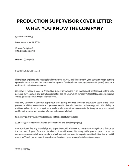 Production Supervisor Cover Letter