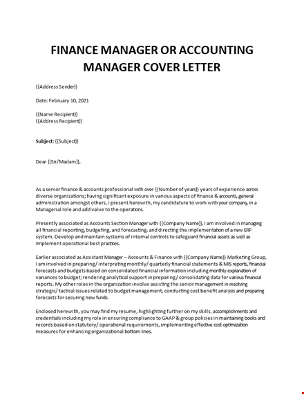 Finance Manager Accounting Cover Letter