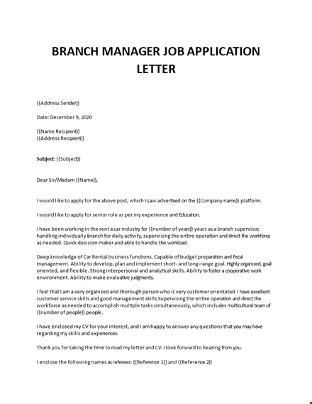Branch Manager Job Application Letter