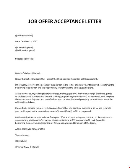 Job Offer Acceptance Letter Sample