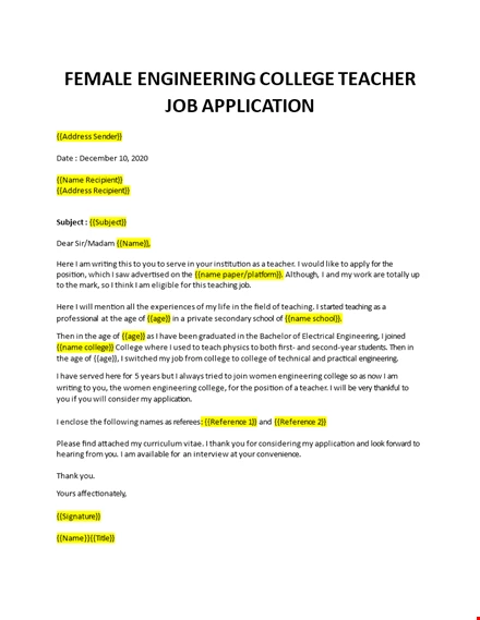 Job Application For Engineering Teacher