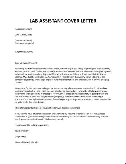 Lab Assistant Cover Letter