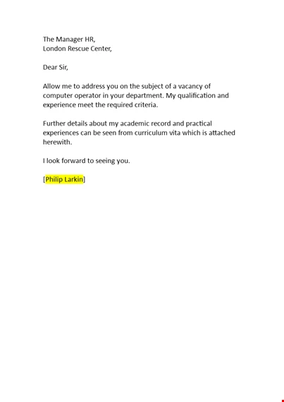 Application Letter For Computer Operator Job