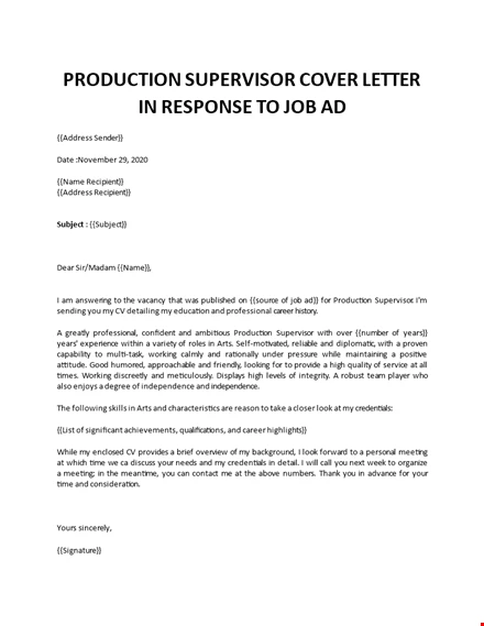 Manufacturing Supervisor Cover Letter