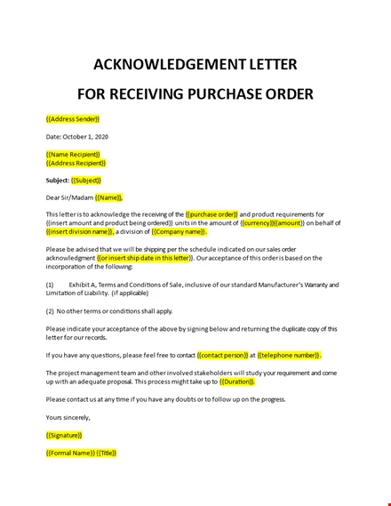 Acknowledgement Letter For Purchase Order
