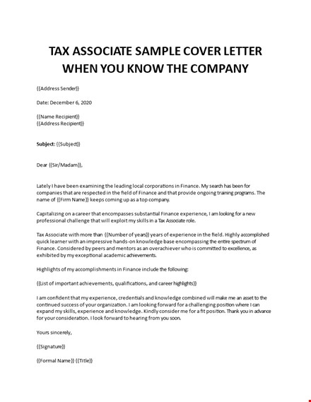 Tax Associate Cover Letter