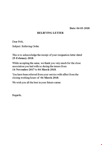 download relieving letter template - professional march letter template