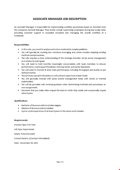 associate manager job description template