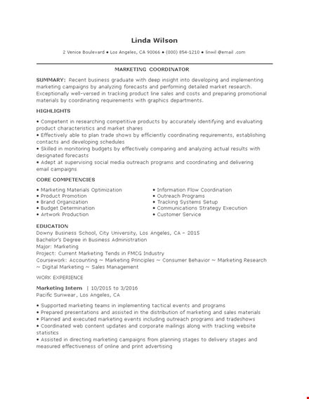 entry level marketing coordinator resume template