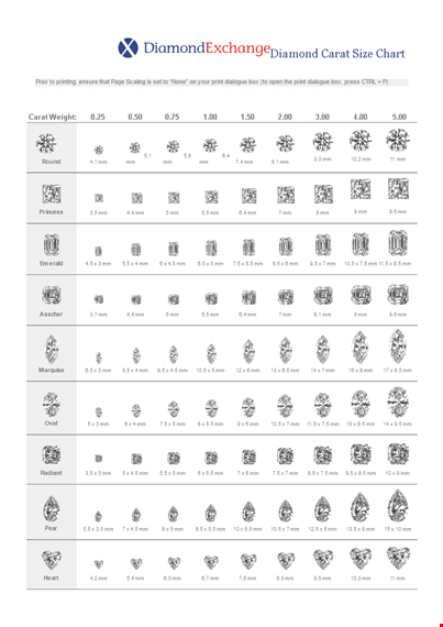 printable diamond size chart - compare carat sizes template