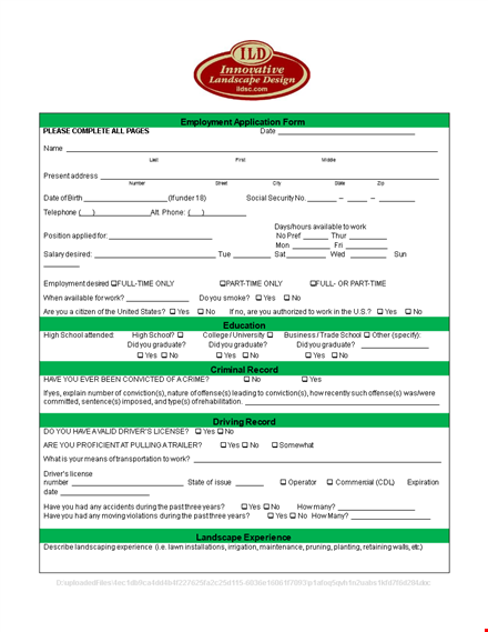 landscape employment application | company, employment, phone template