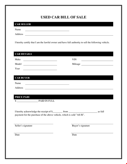 printable used car bill of sale form template