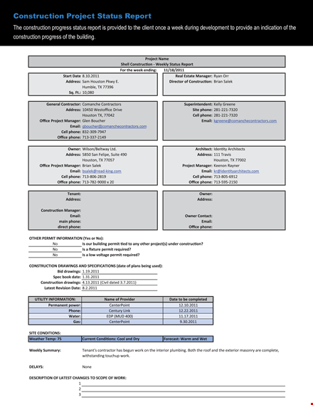 construction project status report template template