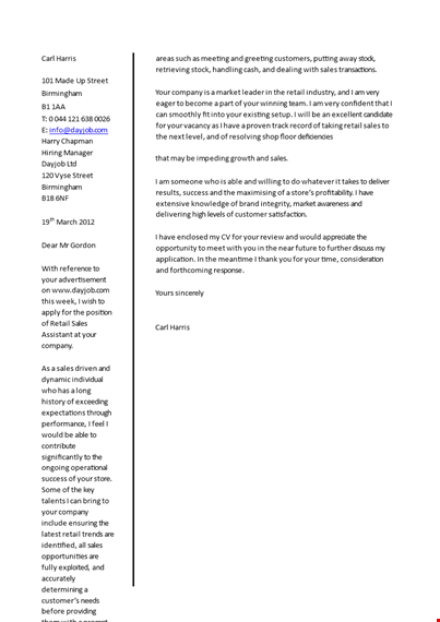 retail sales job application letter template