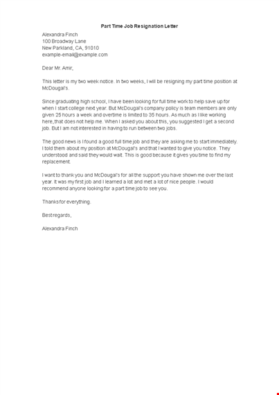 part time job resignation letter example template