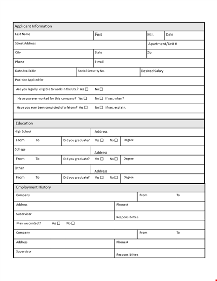 printable generic employment application | company | address | phone template