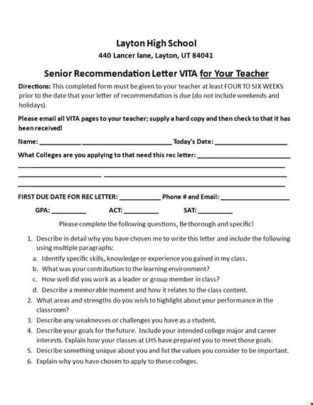 high school senior recommendation letter template