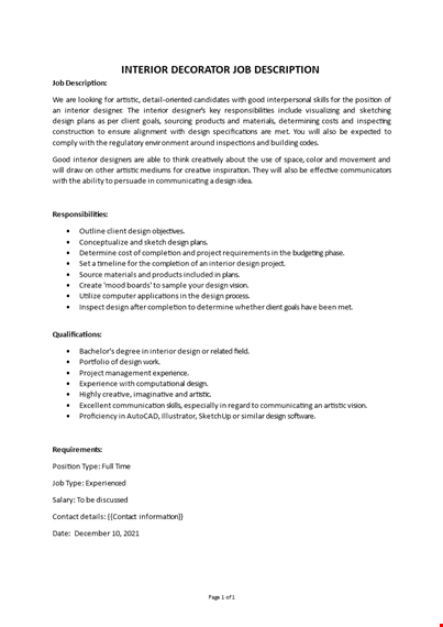 interior decorator job description template