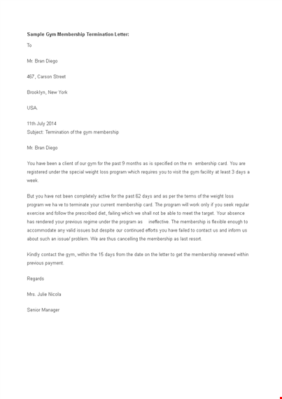 gym membership termination letter template