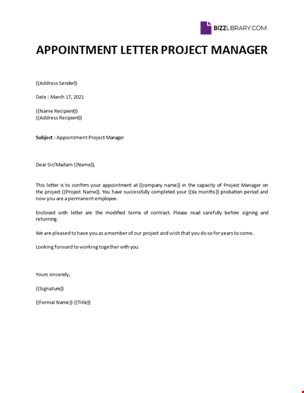 project manager appointment letter template