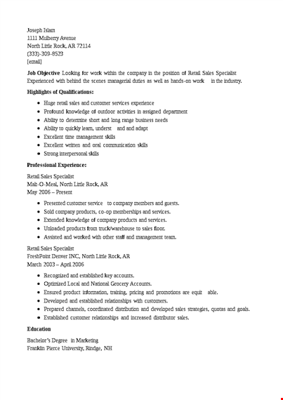 retail sales specialist resume template