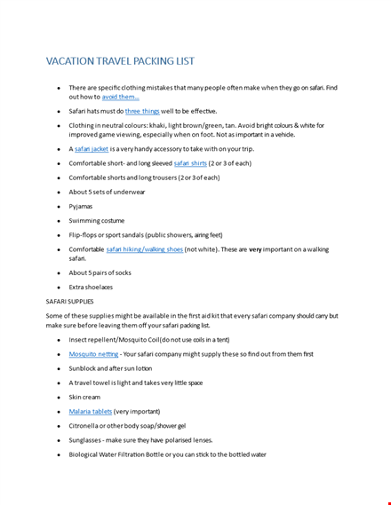 travel packing list template - small & safari template