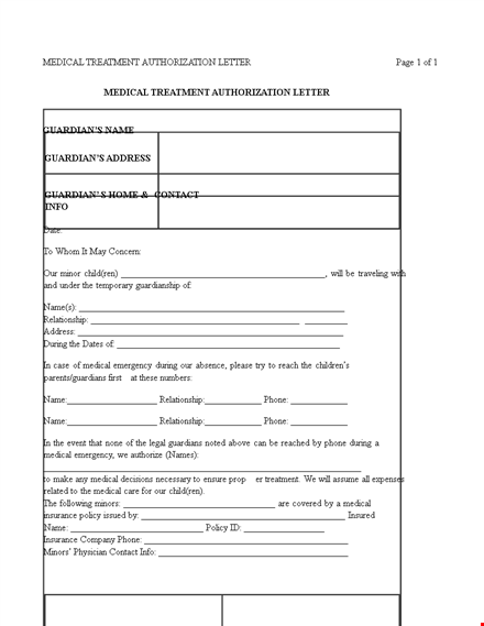 medical authorization letter template - authorize medical treatment for guardian via phone template