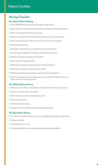 essential moving checklist: address change and reservations template