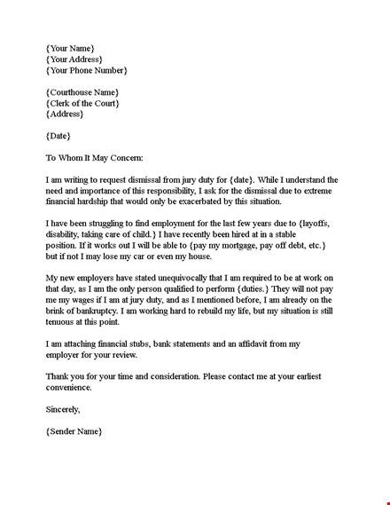 jury duty excuse letter template - how to dismiss your jury duty, address included template