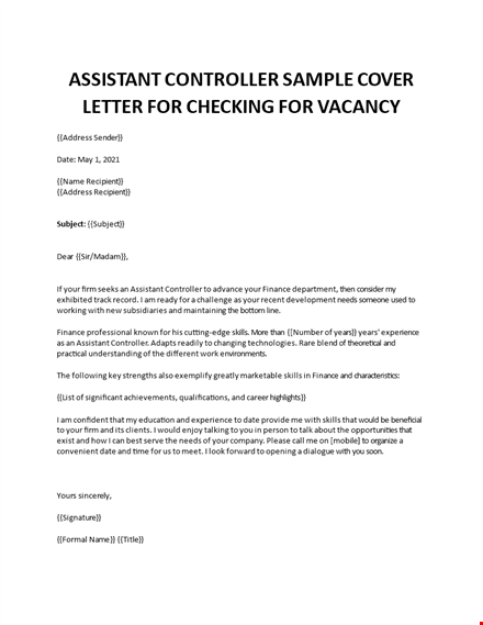 assistant controller cover letter template