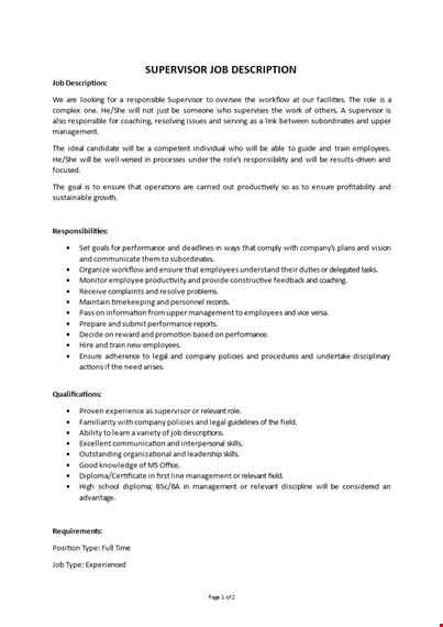 supervisor job description template