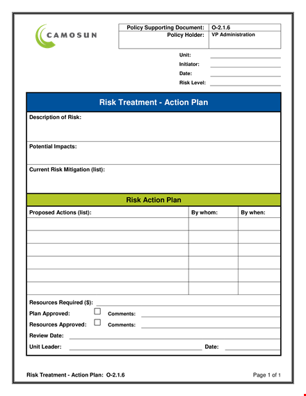 risk treatment action plan template - create an effective policy and take action template