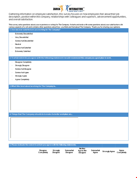 sample employee survey questionnaire for company's department: disagree, agree, somewhat template