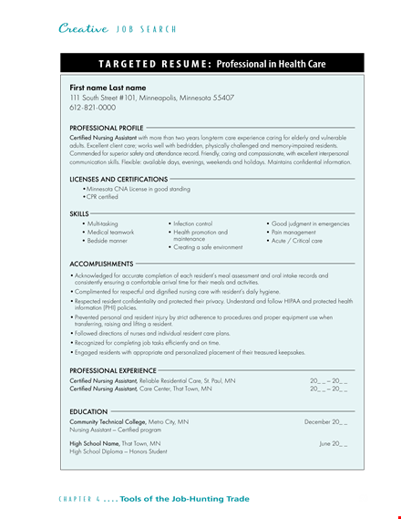 certified nursing resident assistant | professional targeted resume template