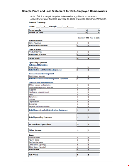 printable profit and loss statement form template