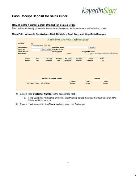 sales order deposit - cash receipt for sales order number template