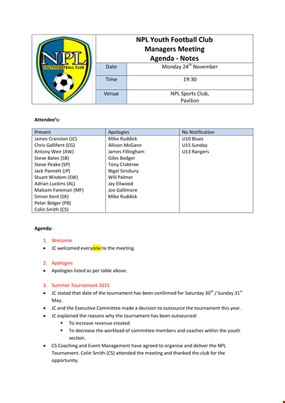 football club meeting agenda: stated tournament meeting template