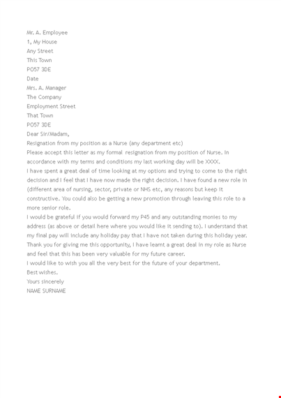 nurse immediate resignation letter template