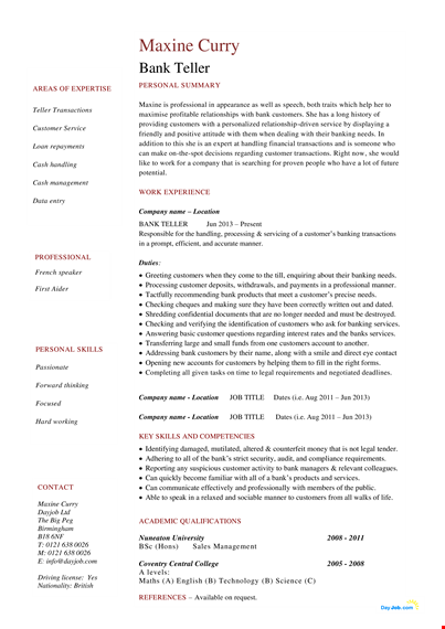 retail banking teller resume template