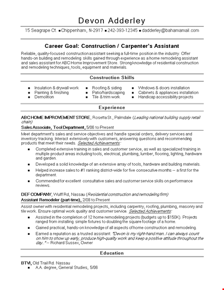 sample resume for construction worker template