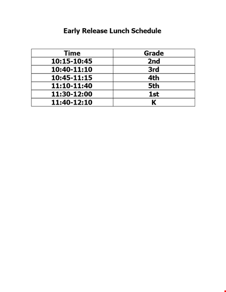 early release lunch schedule template template