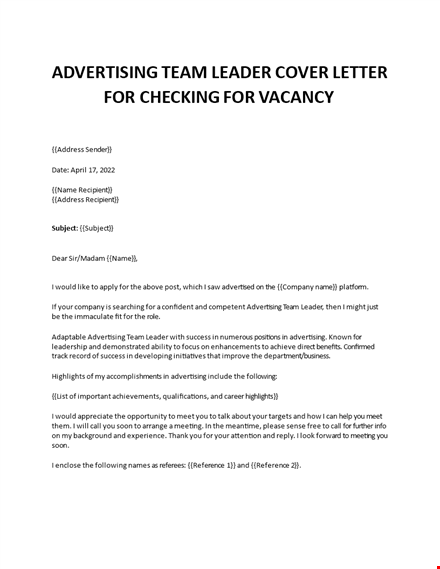 advertising team leader job application letter template