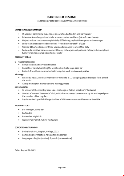 bartender resume template