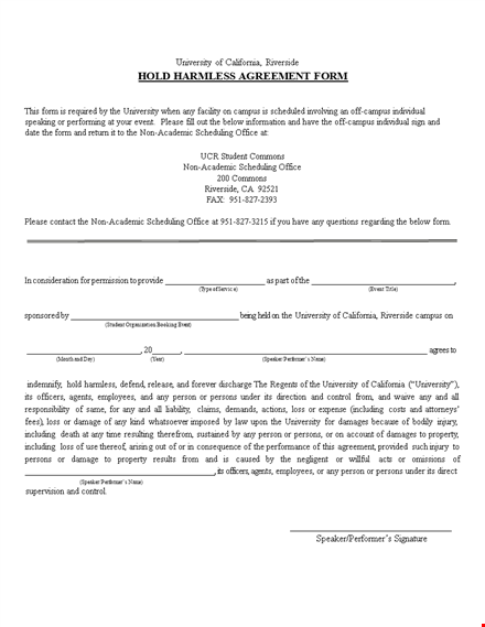 hold harmless agreement template for university template